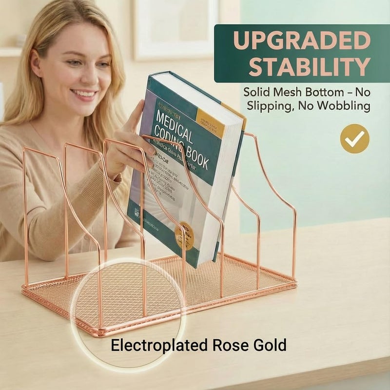 Simmer Stone Rose Gold Binder Organizer for Desk, 5 Slot Metal Wire Vertical File Sorter with Mesh Bottom, Desktop Magazine Holder Rack for 2 Inch Binders, Medical Coding Books, Vinyl Records, 12.1" - Image 5